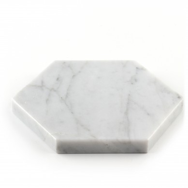 Set of 4 Pcs Hexagonal Carrara White Marble Coasters With Bamboo Tray Holder