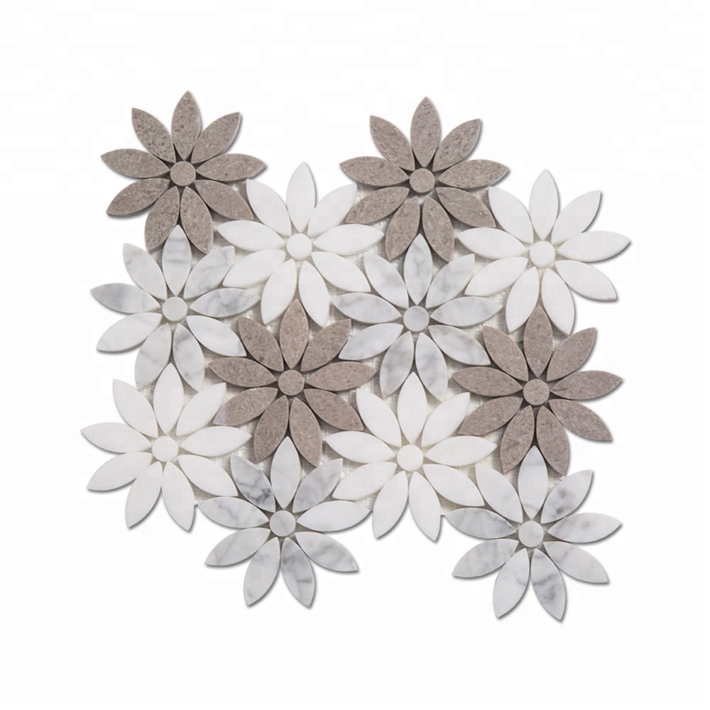 Top Quality Marble Coasters - Flower Pattern White Carrara Waterjet Marble Mosaic for Kitchen Backsplash  – Shunstone