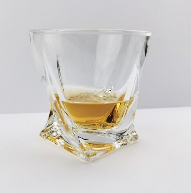 Lead free glass 10 oz Twist Whiskey Glass and whiskey stone slate coaster in grey wood box