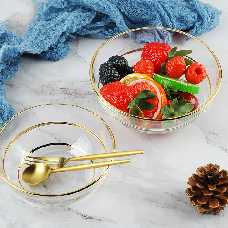 Hot sale Bbq Stone - Nordic Crystal Round Glass Fruit Salad Bowl Modern Luxury Gold Rim Glass Salad Bowls For Wedding Party – Shunstone