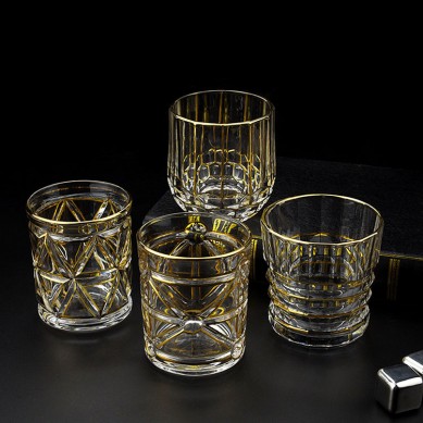 Creative Gold Rim Crystal Luxury High Quality Engrave Whiskey Drinking Shot Glass Round Drinking Glass Whiskey Cups