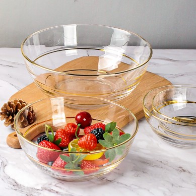 Nordic Crystal Round Glass Fruit Salad Bowl Modern Luxury Gold Rim Glass Salad Bowls For Wedding Party