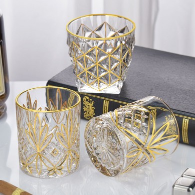 Customised Handicrafts Classic Bar Nordic Crystal Embossed Glassware Whiskey Glass With Gold Rim