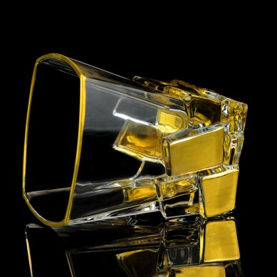 Unique High Quality Crystal Ice Cube Shaped 10oz Gold Rim Whikey Glasses For Drinking Bourbon Whisky Vodka