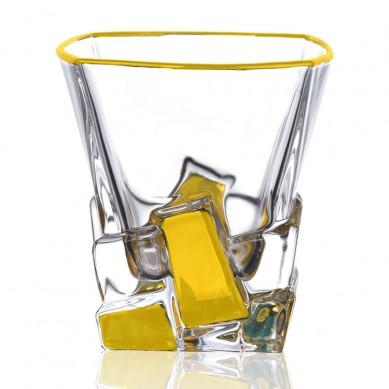 Unique High Quality Crystal Ice Cube Shaped 10oz Gold Rim Whikey Glasses For Drinking Bourbon Whisky Vodka