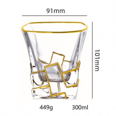 Unique High Quality Crystal Ice Cube Shaped 10oz Gold Rim Whikey Glasses For Drinking Bourbon Whisky Vodka