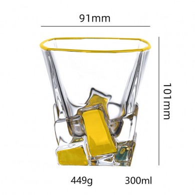 Unique High Quality Crystal Ice Cube Shaped 10oz Gold Rim Whikey Glasses For Drinking Bourbon Whisky Vodka