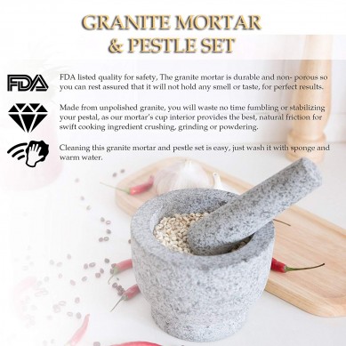 Granite Mortar and Pestle Set Unpolished Granite Molcajete Grinder 6 Inch 2 Cups Capacity
