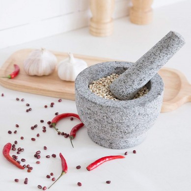 Granite Mortar and Pestle Set Unpolished Granite Molcajete Grinder 6 Inch 2 Cups Capacity