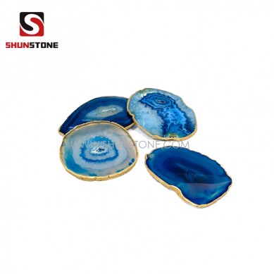 Blue Agate Coasters with Gold Silver Trim Creative Home Decoration Special Wedding Gift