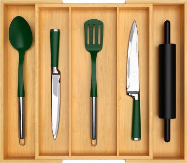 Deluxe Bamboo Kitchen Drawer Organizer – Drawer Expandable cutlery Organizer – Cutlery and Silverware Holder and Cutlery Tray (natural colour, 49.8cm x 43.18cm)