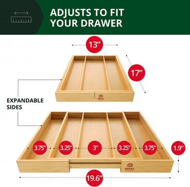 Deluxe Bamboo Kitchen Drawer Organizer – Drawer Expandable cutlery Organizer – Cutlery and Silverware Holder and Cutlery Tray (natural colour, 49.8cm x 43.18cm)