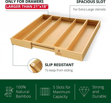 Deluxe Bamboo Kitchen Drawer Organizer – Drawer Expandable cutlery Organizer – Cutlery and Silverware Holder and Cutlery Tray (natural colour, 49.8cm x 43.18cm)