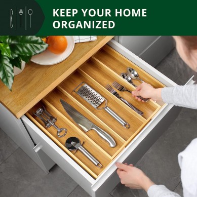 Deluxe Bamboo Kitchen Drawer Organizer – Drawer Expandable cutlery Organizer – Cutlery and Silverware Holder and Cutlery Tray (natural colour, 49.8cm x 43.18cm)