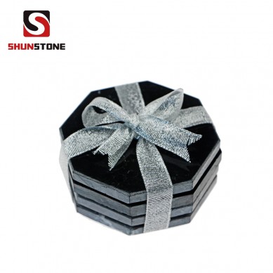 Set of 4 Pcs Hexagonal Black Marble Coasters with Glass and Custom Packaging box