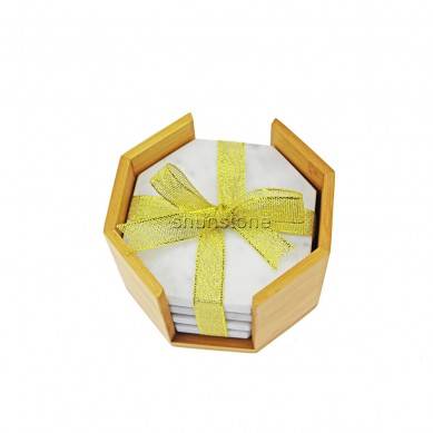 Set of 4 Pcs Hexagonal Carrara White Marble Coasters With Bamboo Tray Holder