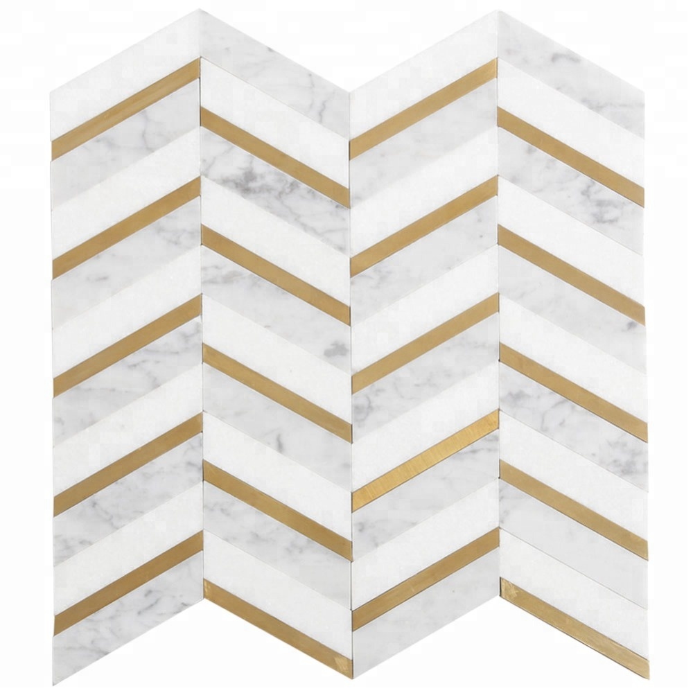 Good Quality Gift In Wood Box - Soulscrafts Thassos White Mixed Bianco Carrara Marble and Brass Waterjet Mosaic Wall Tiles  – Shunstone