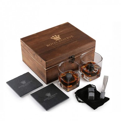 Factory Supply Skull Glass -
 Customized Pine Wood Box Wine Whisky Stone Gift Set Drink Ice Cube Rocks with Crystal Shot Glasses and Slate Glossy Coasters – Shunstone