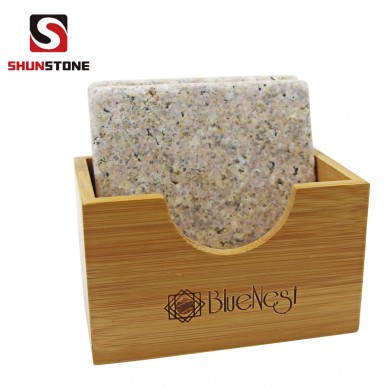 SHUNSTONE Granite stone coaster in beige color in bamboo tray then in beauity box as a gift to family
