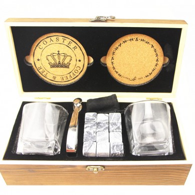 Whiskey Stones and Whiskey Glass Gift Boxed Set 8 Granite Chilling Whisky Rocks and 2 Crystal Glasses in Customized Wooden Box
