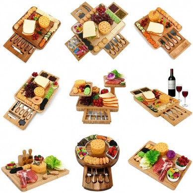 Bamboo Cheese Board Charcuterie Board Set Serving Tray With Cheese Knives for Wedding, Anniversary,Christmas Gifts