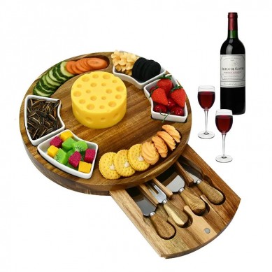 Premium Cheese Cutting Board Set – Charcuterie Board Set and Cheese Serving Platter – 13 inch Meat/Cheese Board Knife Set
