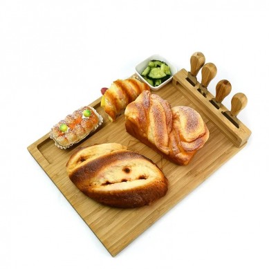 Bamboo Cheese Board Food Platter With 4 Stainless Steel Knives and 1 Ceramic Bowl