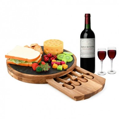 Premium Acacia Wood Round Cheese Board Bamboo Cheese Serving Platter Wooden Cutting Board and Knife Set