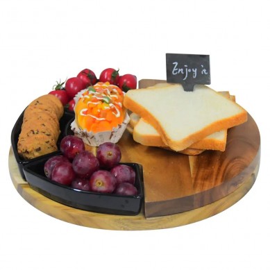 High Quality Acacia Wood Round Cheese Board and Knives Set with Ceramic Bowls, Knife Spreaders, Slates, Chalk