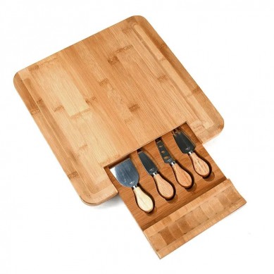 Bamboo Wood Cheese Cutting Board with Cutlery Set with 4 Knives Tools Slide-out Utensils Drawer