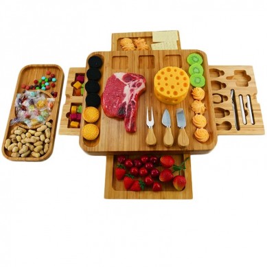 Die Cut Cutting Bamboo Cheese Charcuterie Board 4 Drawers With Cutlery Knives Set 2 Extra Trays Plates Utensils