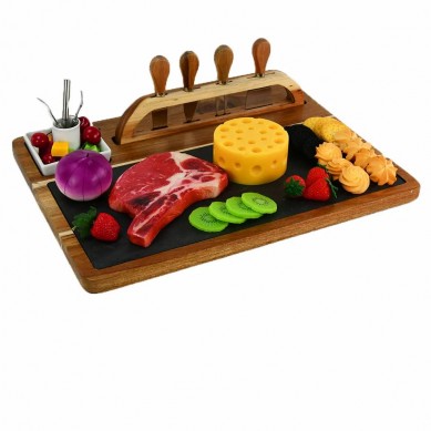 Acacia Wood Cheese Charcuterie Cutting Board With Knife Set Holder Rack Slate Ceramic Cutlery Tray Forks
