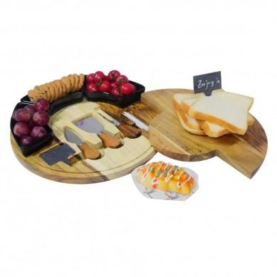 Round Cheese Board and Knives Set, Acacia Wood & Appetizer Serving Tray with Ceramic Bowls