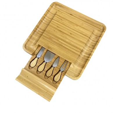 Bamboo Cheese Board And Knife Set Wood Charcuterie Boards Cheese Platter Meat Cutting Board with 4 Stainless Steel Knives