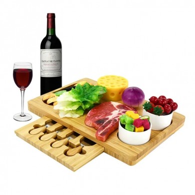 High Quality Bamboo Cheese Board With Knife Set Meat Platter Food Serving Tray and 2 Ceramic Bowls