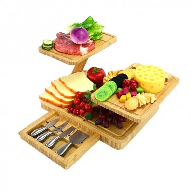 Multifunction Premium 2 Tier Bamboo Cheese Cutting Board Set Charcuterie Platter Serving Tray and Knife Set with Drawer