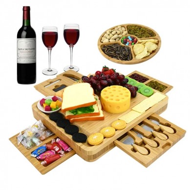 Large Bamboo Cheese Cutting Board And Knife Set: 16 x 13 x 2 Inch Wood Charcuterie Platter For Wine, Cheese, Meat