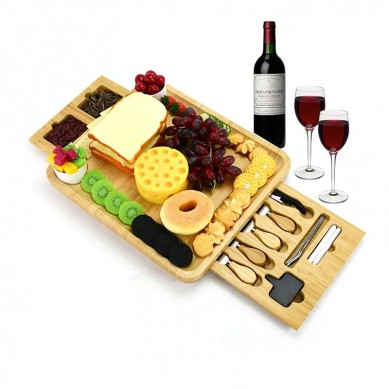 Premium Extra Charcuterie Space Wood Bamboo Cheese Board With Stainless Steel Knife Set And Removable Drawers