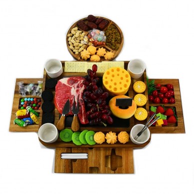 New Design High-Grade Acacia Wood Cheese Board Set With Rubber Feet Round 5 Section Fruit Tray Magnetic Slide-Out Drawers