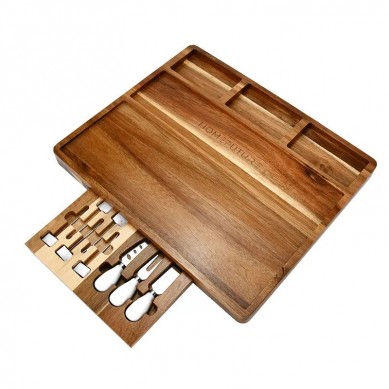 Acacia Wood Cheese Board With 7 Piece Stainless Steel Cutlery Set and 3 Ceramic Bowl