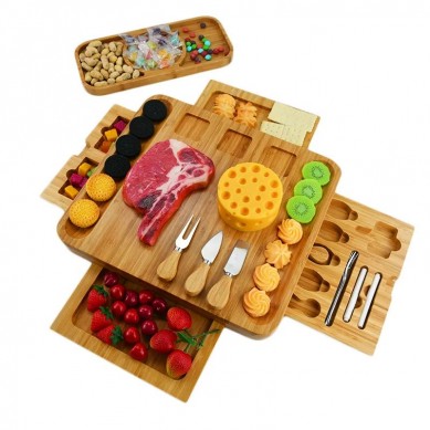 Unique Extra Large Bamboo Wooden Cheese Board Knife Set Charcuterie Platter & Serving Tray with 4 Slide-Out Drawers
