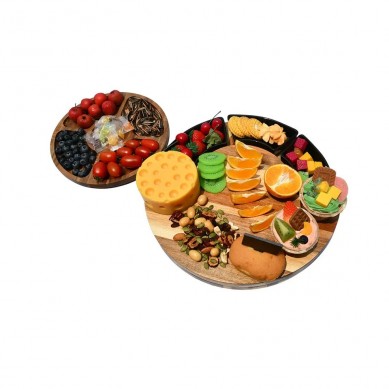 Smirly Round Bamboo Wood Cheese Boards Charcuterie Boards And 3 Black Ceramic Bowls For Kitchen