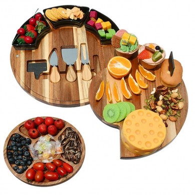 Custom Best Selling Round Wood Acacia Bamboo Charcuterie Cheese Board Knives Set With Serving Tray