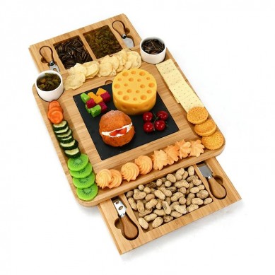 New Design 2022 Bamboo Charcuterie Platter Set Slate Cheese Board and Knife Set& Ceramic Cup Fancy House Warming Gift