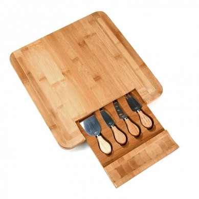 Exquisite New Design Eco-Friendly Bamboo Wooden Cheese Board with Cutlery Set and Grooves Slate