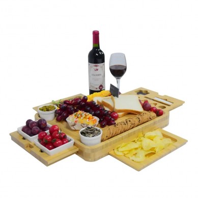 Hot Sale Charcuterie Serving Tray Natural Bamboo Wood 4 Magnetic Slide-Out Drawers Cheese Cutting Board with Knife Set