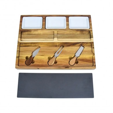 Luxury Acacia Wood Thick Slate Cheese Boards Meat Server Steak Cutting Board with and Knife Set for Parties and Entertaining