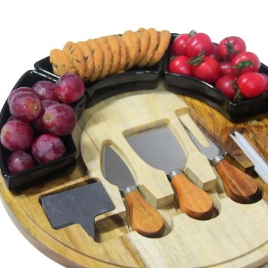 High Quality Acacia Wood Round Cheese Board and Knives Set with Ceramic Bowls, Knife Spreaders, Slates, Chalk