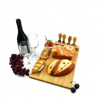 Bamboo Cheese Board Food Platter With 4 Stainless Steel Knives and 1 Ceramic Bowl