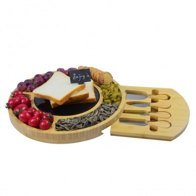 Bamboo Round Cheese Board and Knife Set Black Marble – 100% Organic Wood Serving Tray Charcutery Board